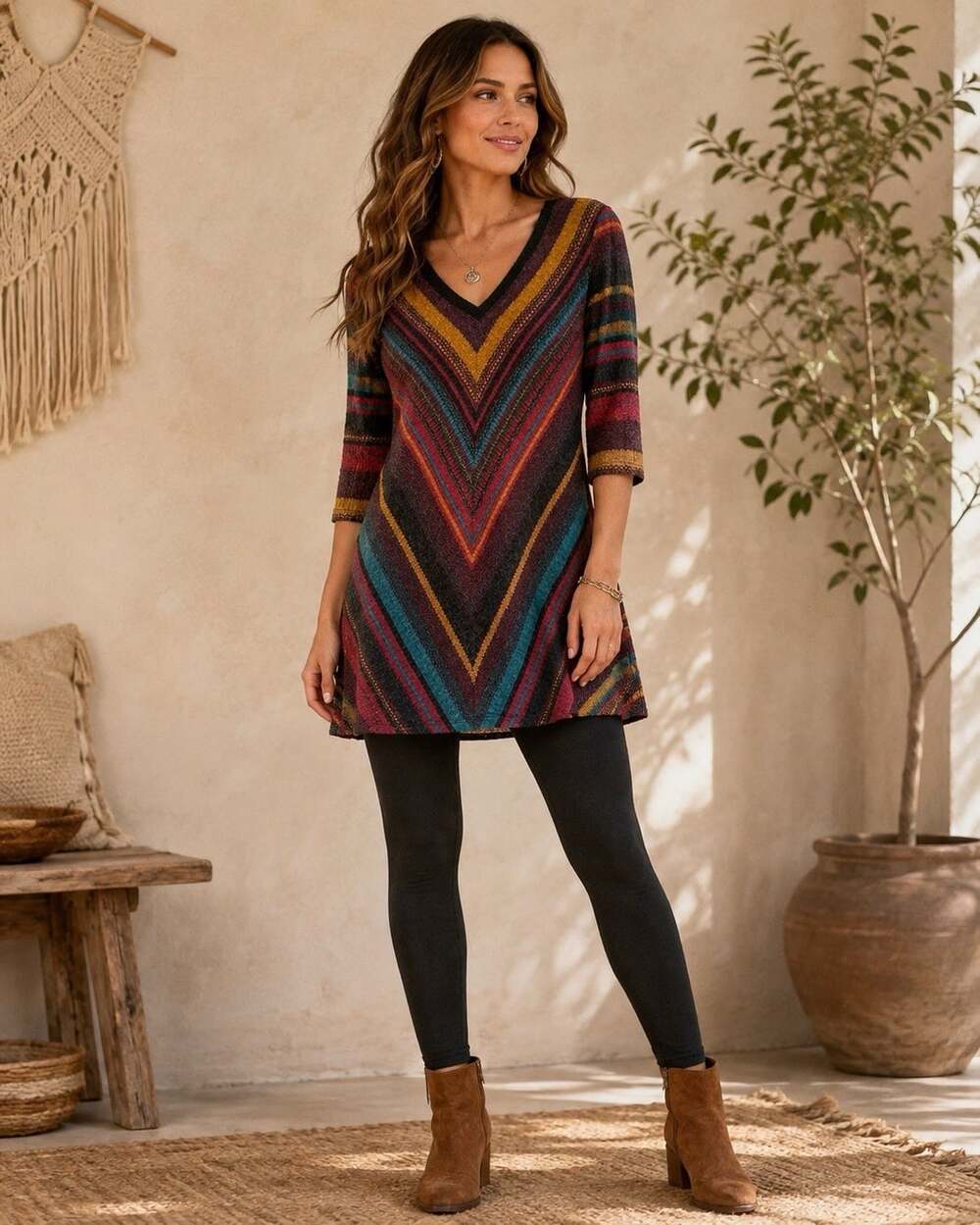 Fall Tunic Length Top Women L 3/4 Sleeve V-neck Chevron Boho Artsy Eclectic
